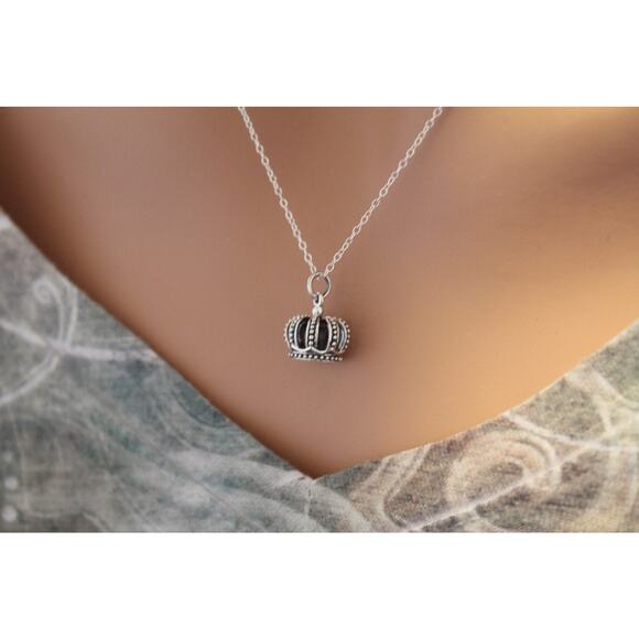 Sterling Silver Realistic Crown Charm Necklace, 3D Crown Pendant Necklace - Picture 1 of 3